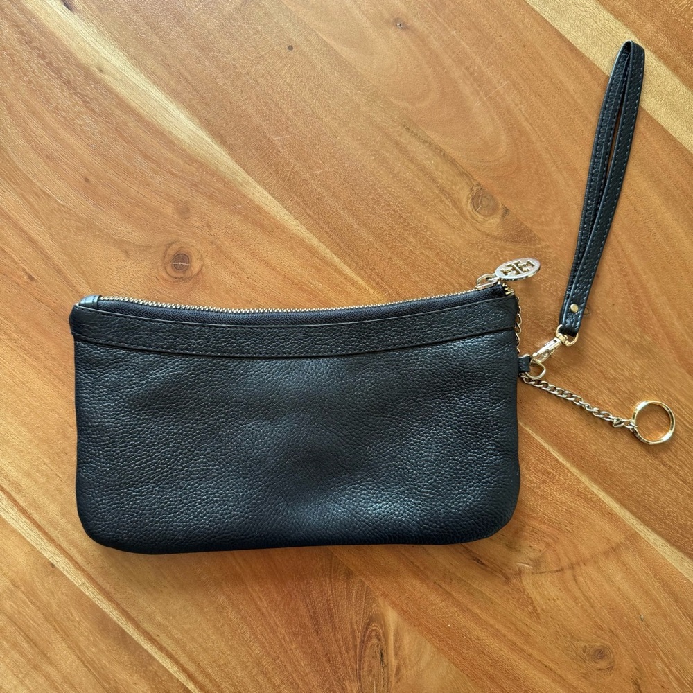 Tory Burch Black Leather Wristlet w/ Gold Logo | Classic Zip Pouch - Picture 8 of 8